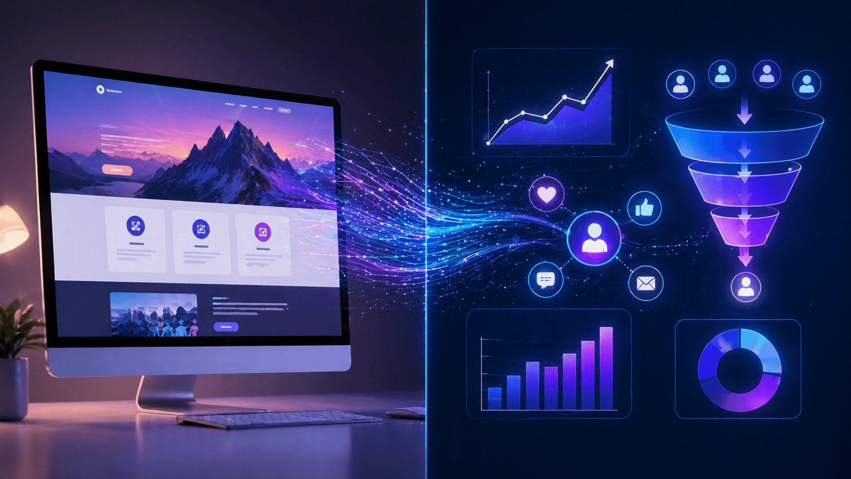 Split-screen showing website design on one side and digital marketing results with rising graphs on the other