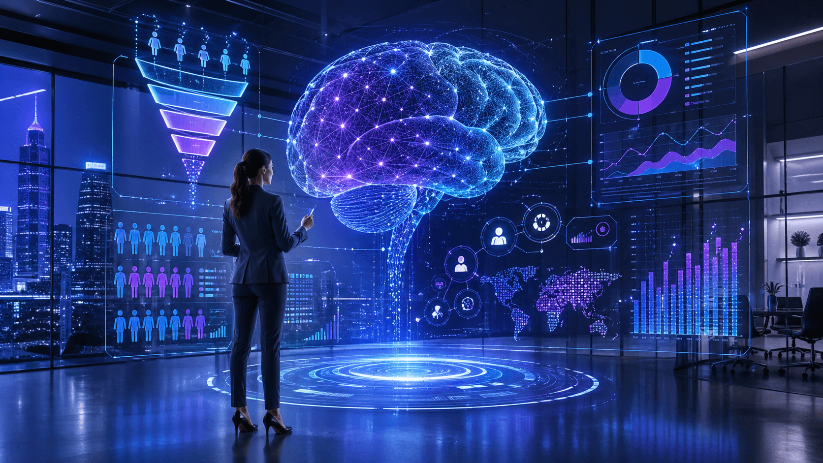 Marketing professional using AI-powered holographic brain display for digital marketing strategy planning