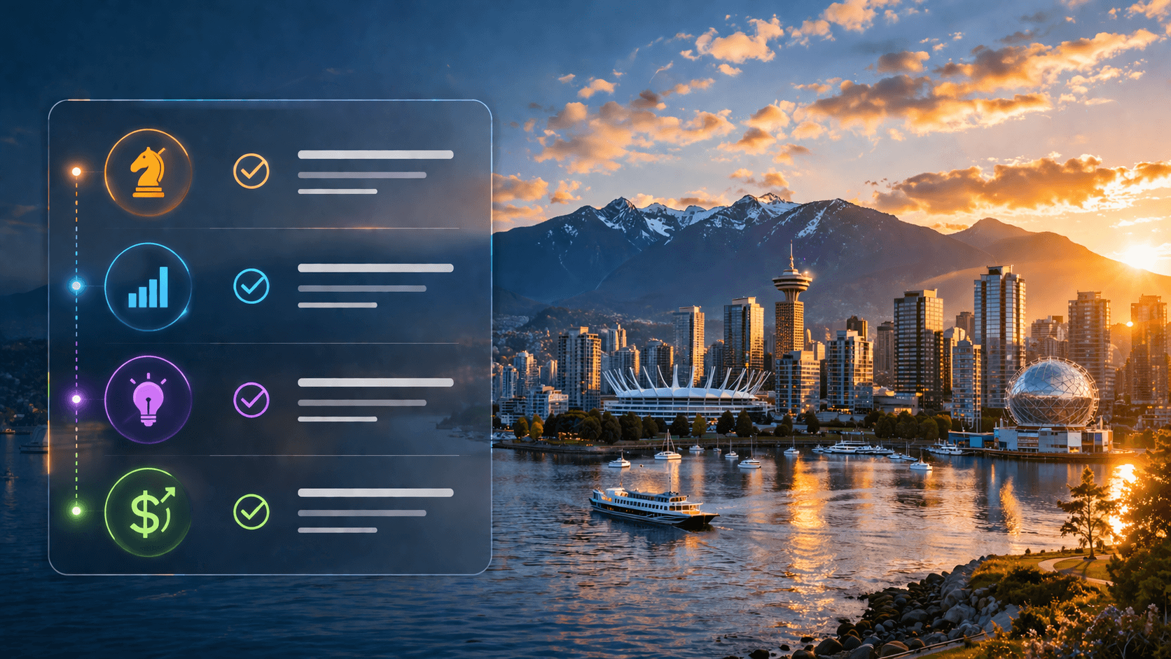 Checklist for hiring a digital marketing agency floating over Vancouver's waterfront skyline and mountains