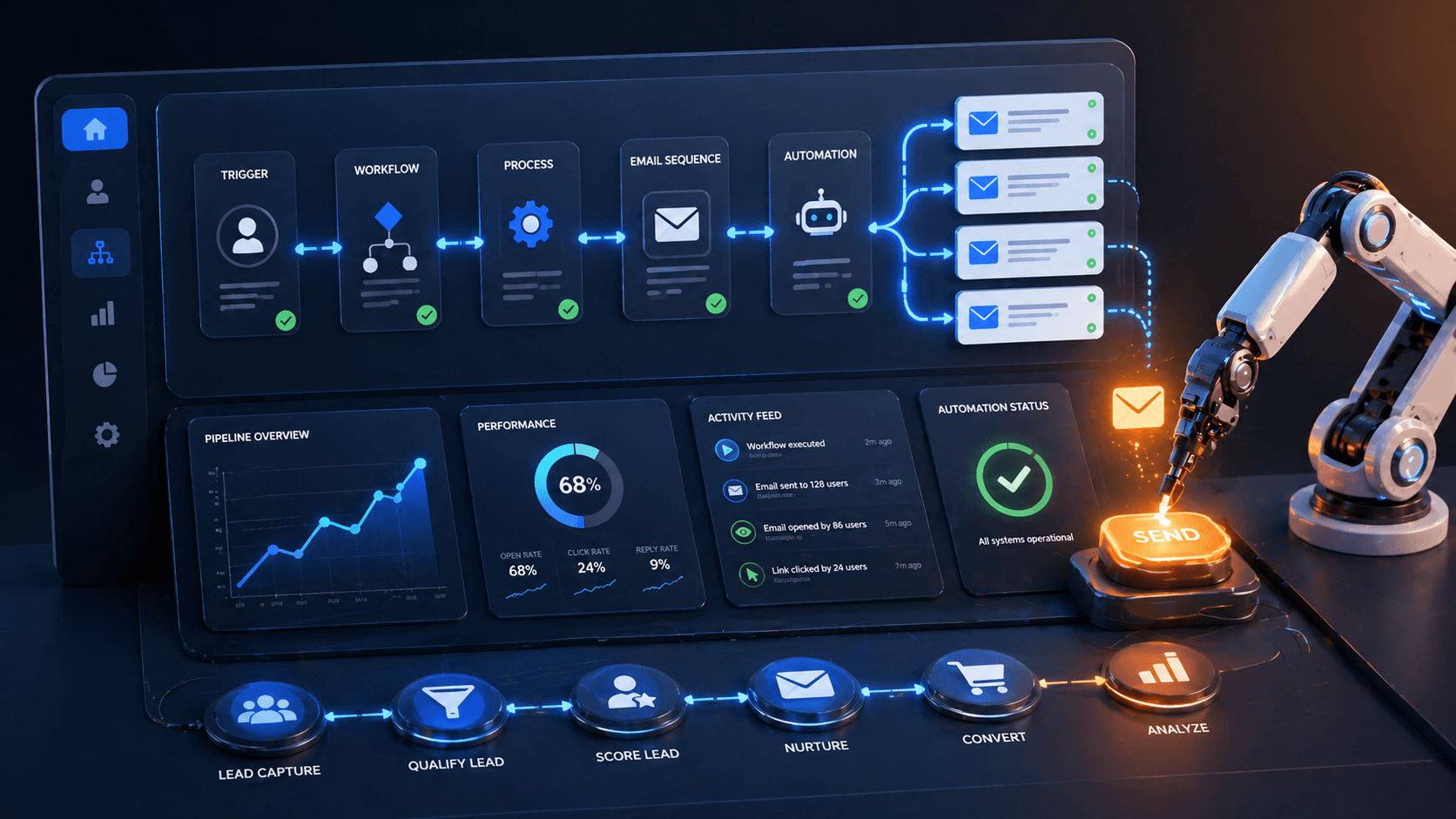 Marketing automation workflow illustration showing automated email sequences, pipelines, and efficiency tools
