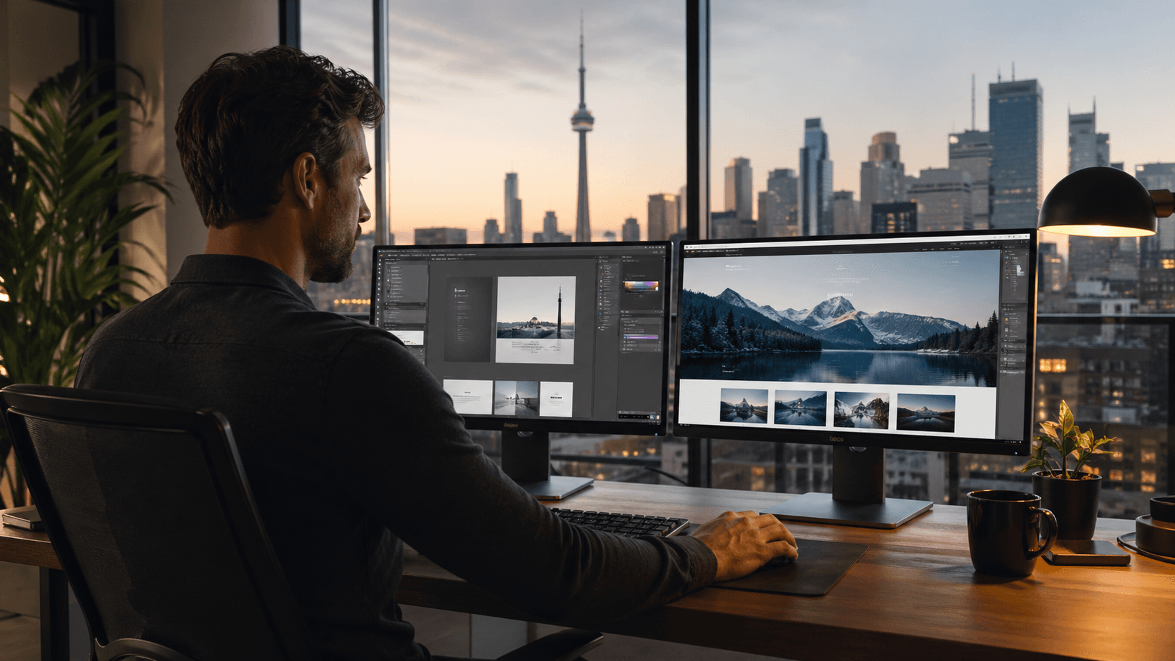 Professional web designer working in a Toronto office with city skyline view, creating a custom website on dual monitors