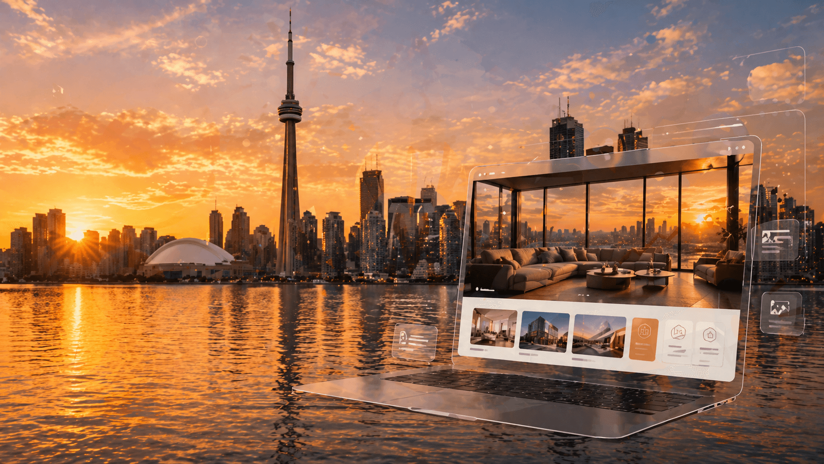 Toronto skyline with CN Tower and a laptop overlay showing professional web design services