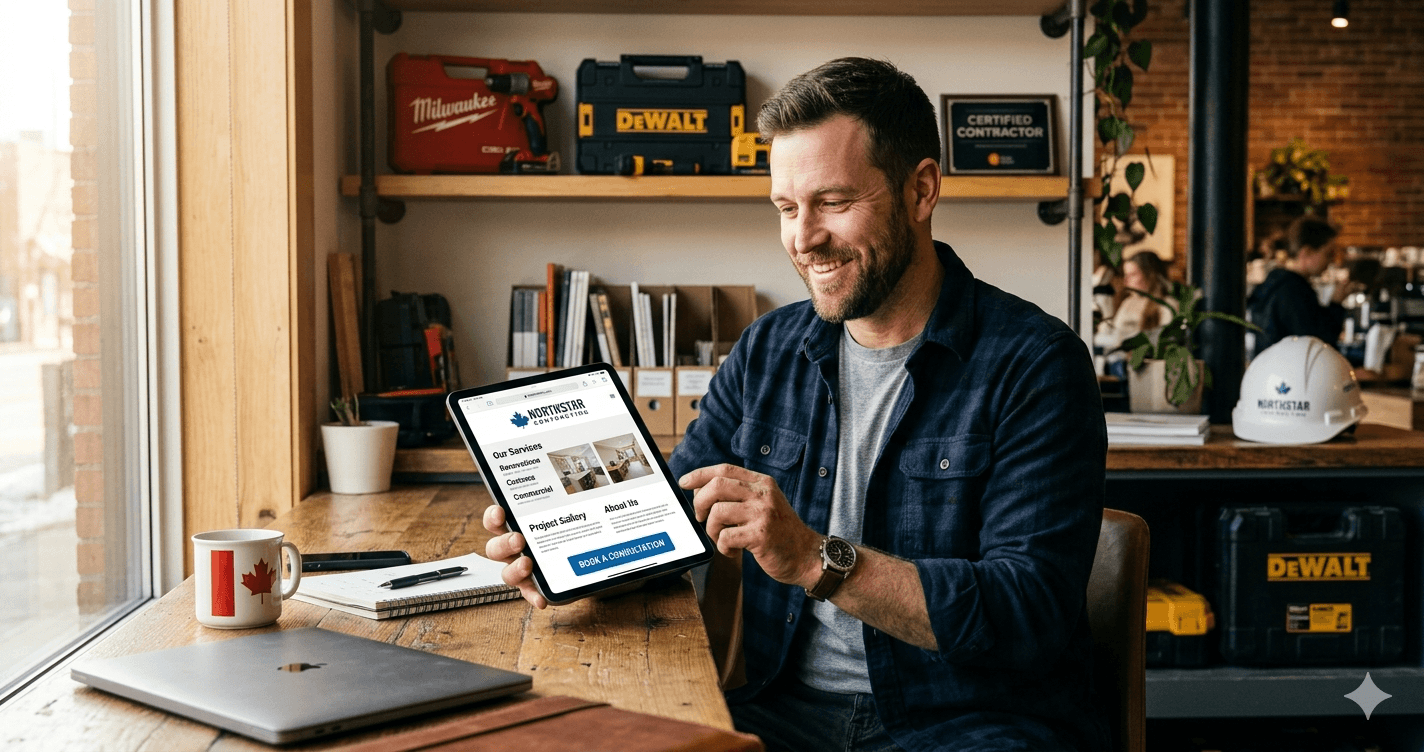 A professional Canadian small business owner looking proudly at his new modern website on a tablet.