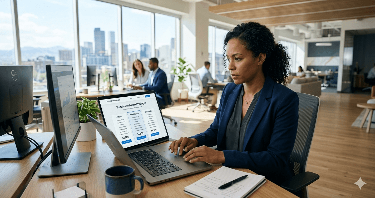 A Toronto business owner sitting in a brightly lit office reviewing professional website development packages on a laptop screen.