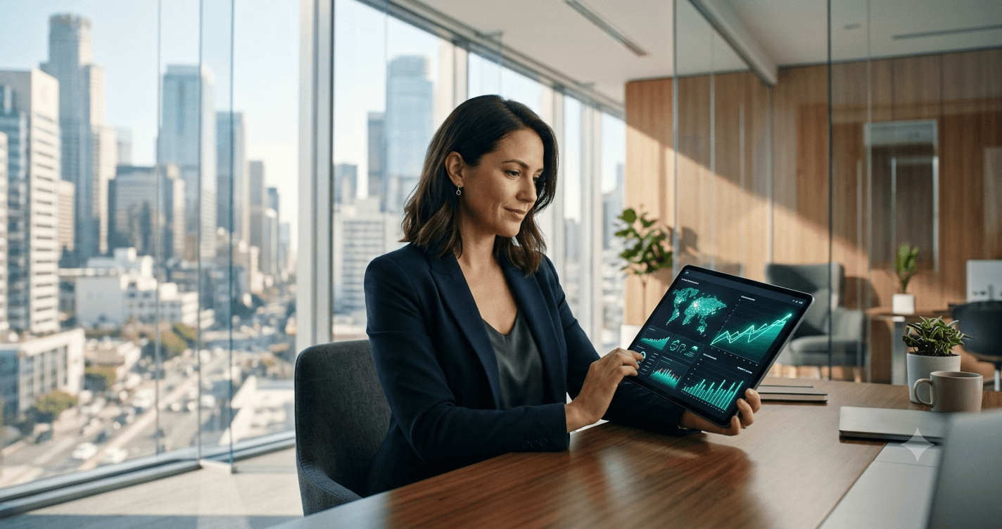 A professional business owner sitting in a modern, brightly lit office looking at a global market expansion chart on a tablet screen.