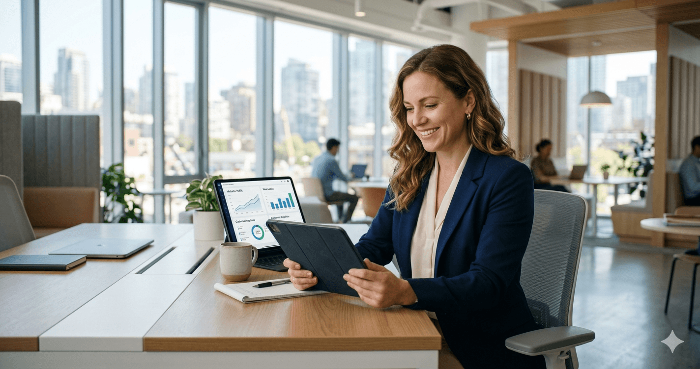 A proud Mississauga small business owner in a modern workspace tracking increased customer leads on a tablet screen.