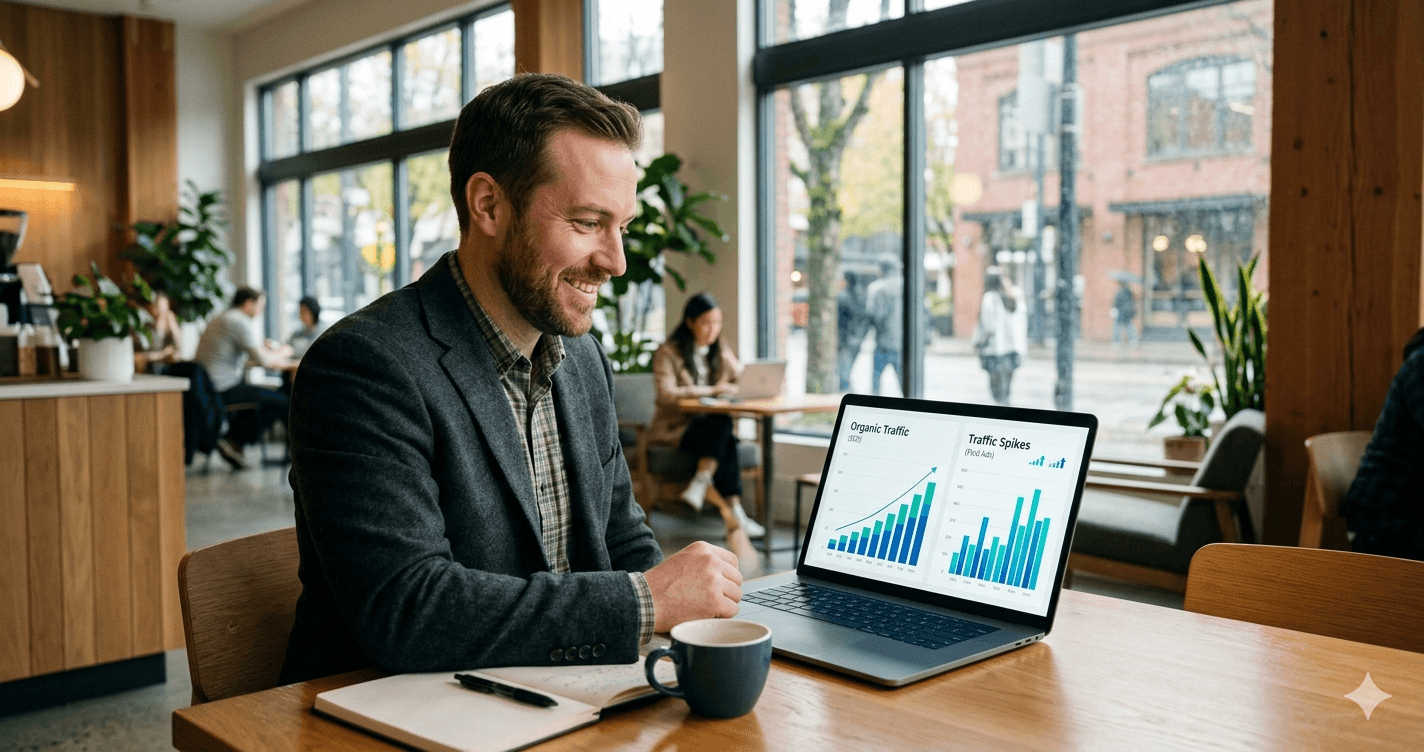 A professional Vancouver local business owner looking at an analytics dashboard showing growth from digital marketing services.