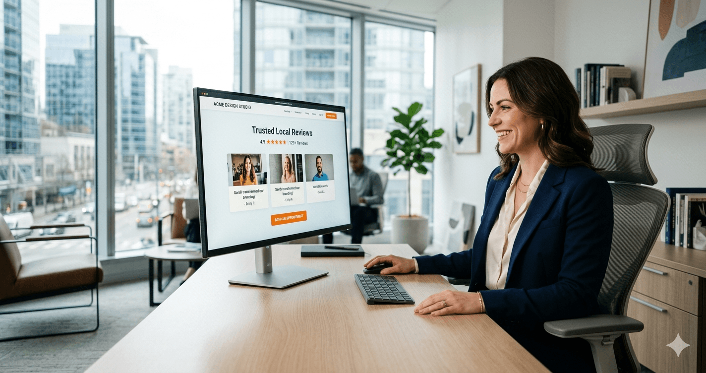 An Ottawa small business owner smiling as she reviews her high-performing corporate website ranking number one on a desktop monitor.