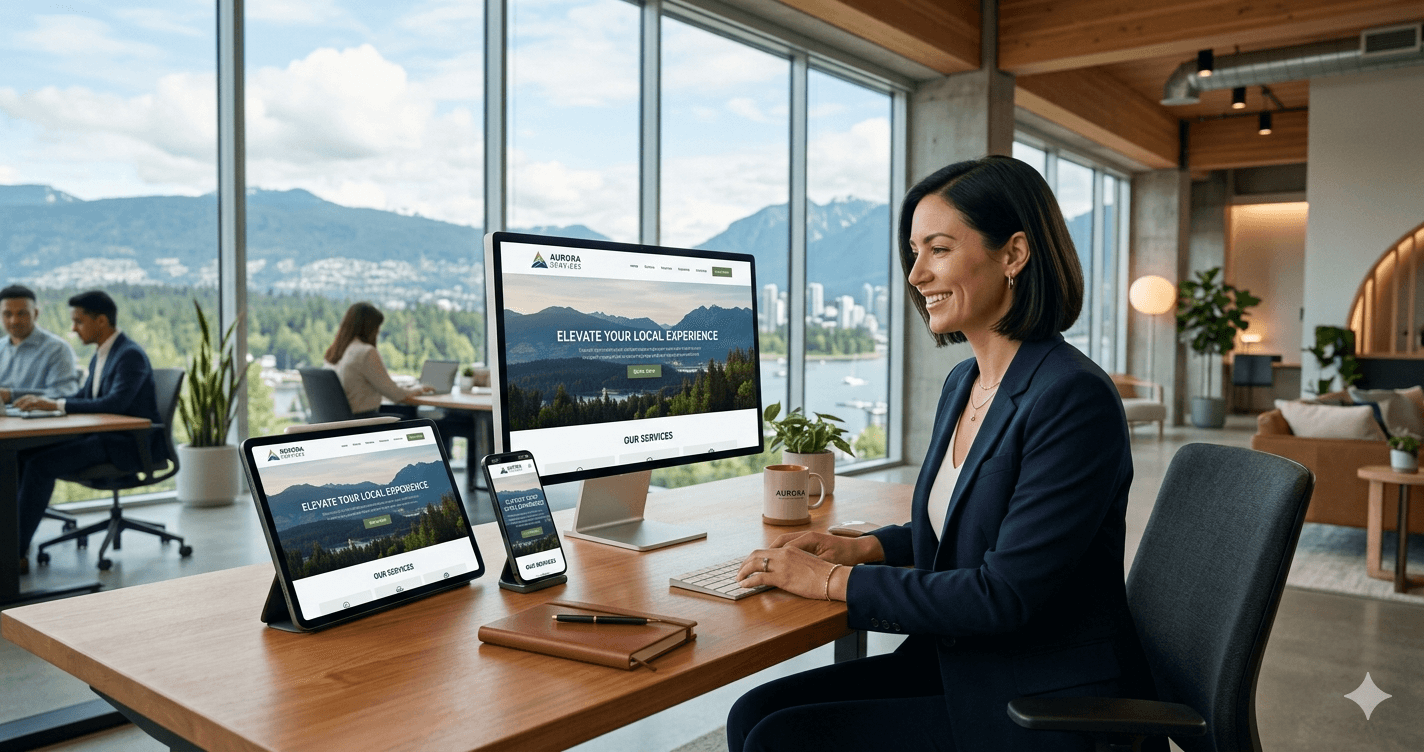 A professional Vancouver business owner reviewing her company's website scaling perfectly across a desktop, tablet, and smartphone.