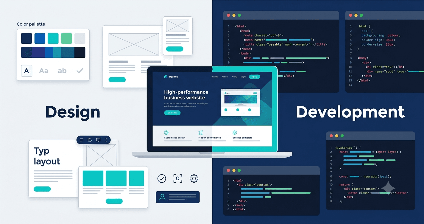 A creative visual split screen showing a colorful artistic user interface layout on one side and clean, organized computer code on the other.