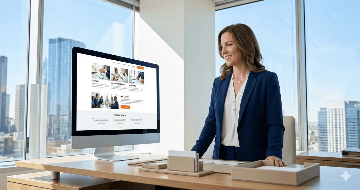 A confident Calgary business owner reviewing a modern, high-performance website on a desktop monitor in a bright office environment.