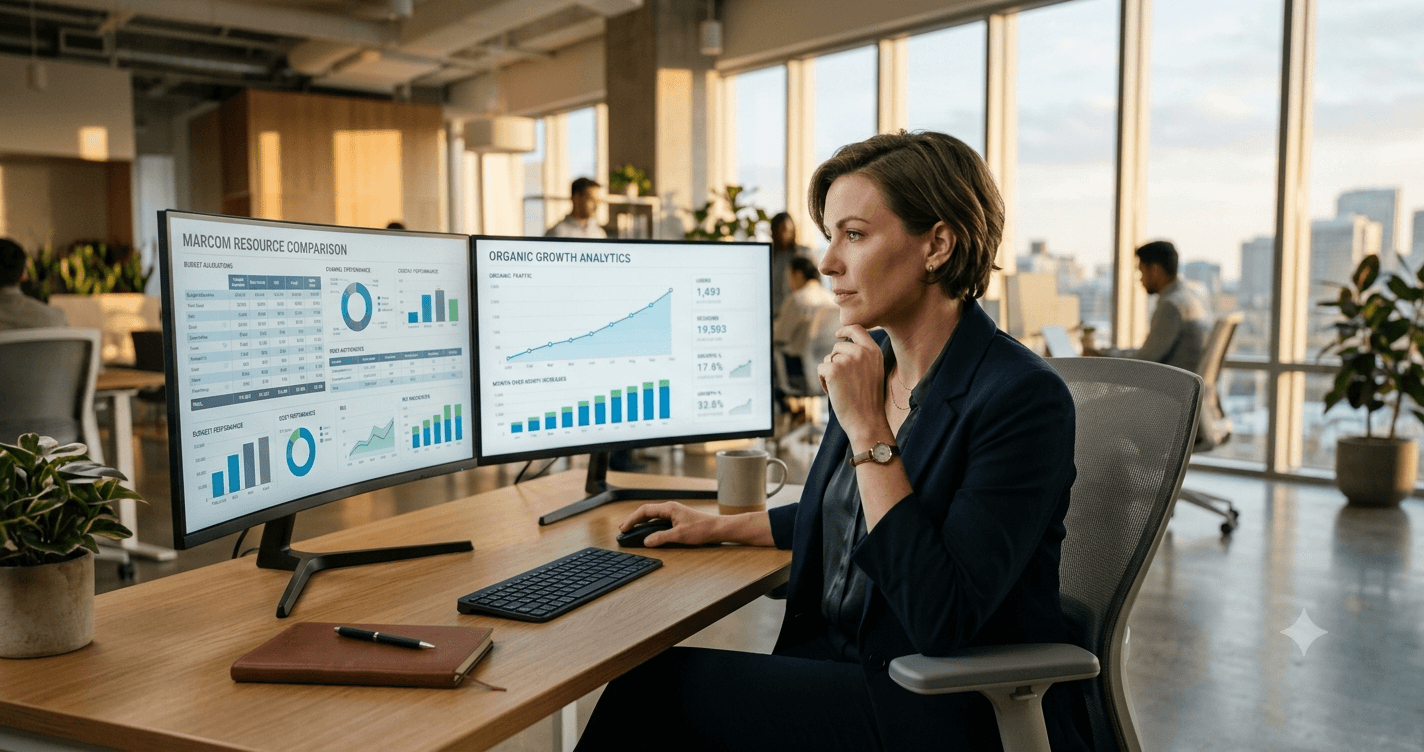 A business owner sitting at a modern desk thoughtfully evaluating digital growth strategies on a dual-monitor setup.