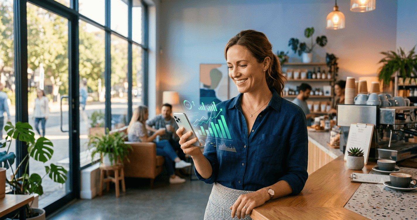 A small business owner looking at a tablet displaying growth analytics inside a brightly lit modern storefront.