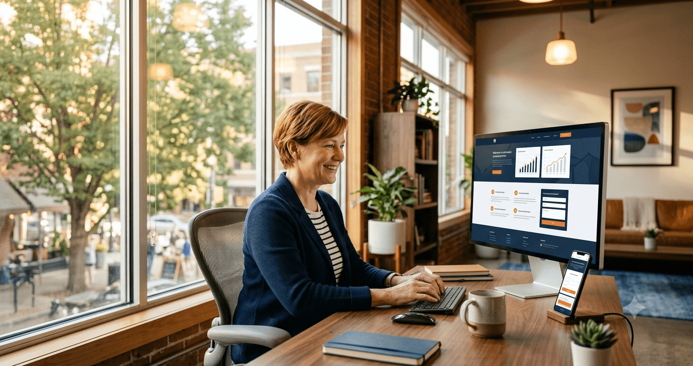 A local business owner reviewing a newly designed, responsive website on a laptop screen in a modern London Ontario office.
