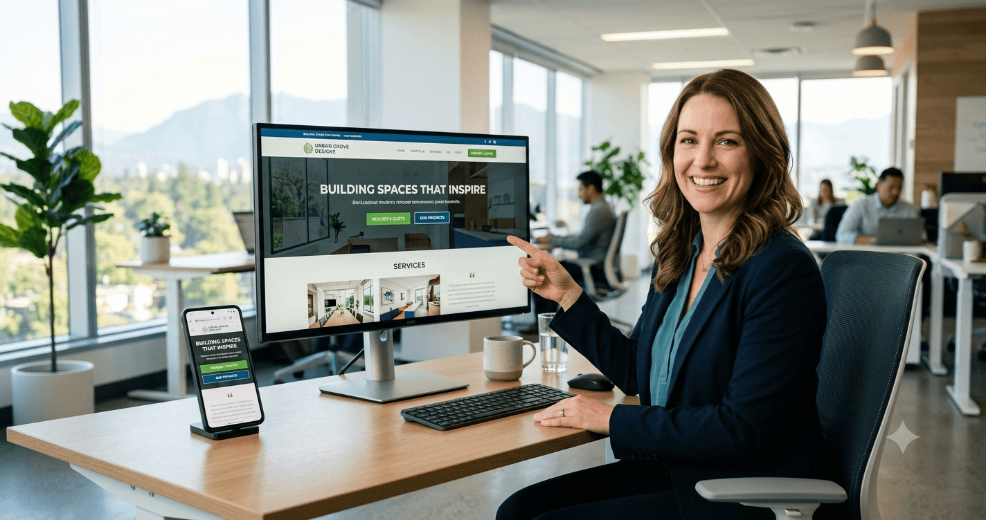 A local business owner pointing at a sleek, responsive website on a laptop screen that shows increased lead generation activity.